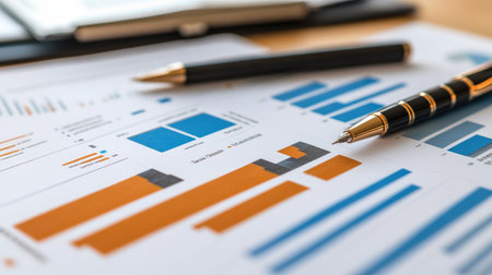 A high-resolution image of a financial report featuring multiple bar charts with detailed performance metrics, placed on a desk with business documents and a pen.の素材