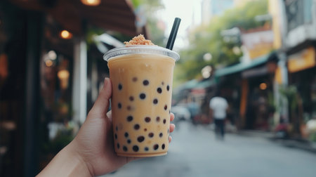 A high-resolution image of a person holding a cup of bubble tea, with the drink texture and pearls clearly visible, and a casual outdoor setting in the background.の素材