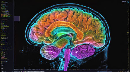 A high-resolution image of a human brain scan on a computer screen, showing detailed MRI or CT images with vibrant colors highlighting different brain areas.の素材