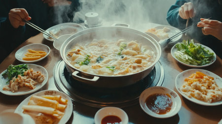 A hot pot meal being enjoyed at a family gathering, with steam rising from the pot, and plates of fresh ingredients and dipping sauces laid out on the table.の素材