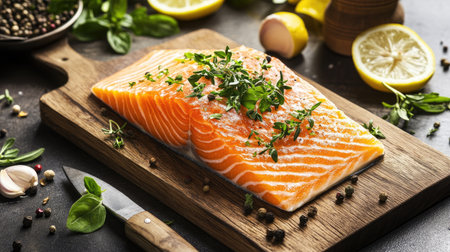 A high-resolution image of a fresh salmon fillet on a wooden cutting board, surrounded by herbs, lemon slices, and cooking utensils, ready for preparation.の素材