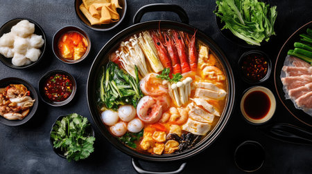 A high-resolution image of a traditional hot pot meal with a sizzling broth, fresh seafood, and vegetables, with dipping sauces and garnishes on the side.の素材
