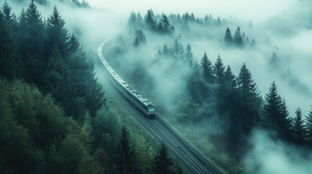 A high-speed train emerging from a foggy forest, with mist surrounding the tracks and creating a mysterious atmosphere.の素材