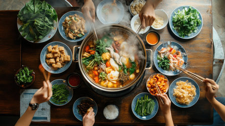 A hot pot meal being enjoyed at a family gathering, with steam rising from the pot, and plates of fresh ingredients and dipping sauces laid out on the table.の素材