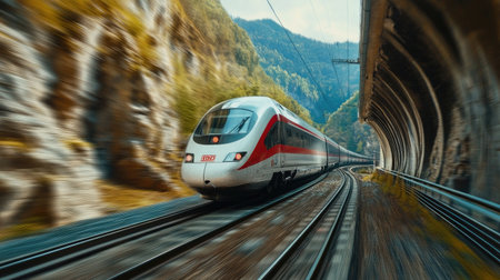 A high-speed train at full speed, passing through a tunnel in a mountainous region, with blurred motion capturing the sense of speed.の素材