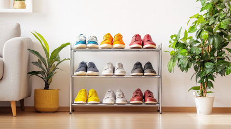 A sleek metal shoe rack with multiple tiers holding colorful shoes, displayed in a bright, contemporary living room with white walls and houseplants nearby.の素材