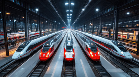 A panoramic view of multiple high-speed trains lined up at a large, modern depot, ready for their next journey.の素材