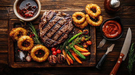 A rustic wooden table set with a hearty steak dinner, including a perfectly grilled ribeye, seasonal vegetables, and a side of crispy onion rings.の素材