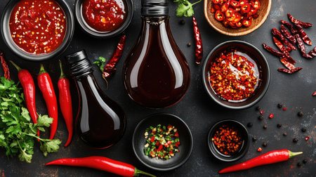 A top-down view of a table filled with chili sauce bottles, soy sauce, and fish sauce, arranged neatly with bowls of fresh chopped chilies on the side.の素材