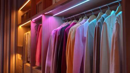A stylish wardrobe displays a variety of colorful garments neatly hung on hangers, enhanced by vibrant LED lights, creating a modern and elegant interior atmosphere.の素材