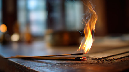 A mesmerizing image of flame dancing on burning incense sticks placed on a wooden surface, creating a serene atmosphere perfect for relaxation and meditation.の素材