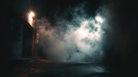 A captivating urban scene features a fog-filled alley illuminated by soft lights, creating a mysterious and surreal atmosphere perfect for exploration and reflection.の素材