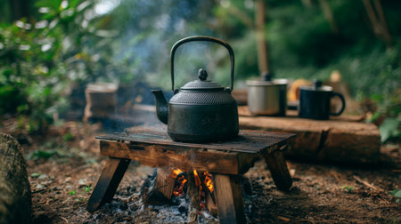 A vintage kettle stands elegantly on a wooden platform above a lively fire, surrounded by lush greenery, creating a serene and inviting camping atmosphere.の素材