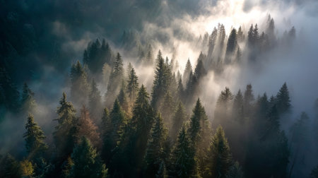 A stunning aerial view of a misty forest landscape, featuring lush green trees and soft sunlight filtering through the fog, creating a serene and peaceful atmosphere.の素材