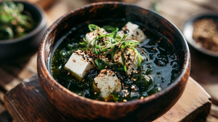 A close-up of a warm, savory soup featuring tofu and seaweed served in a rustic wooden bowl. The dish is garnished with green toppings and sesame seeds, creating an inviting and nutritious meal.の素材