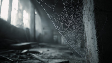 This image showcases an abandoned building interior with a dusty floor and a prominent spider web, capturing a blend of decay and nature's beauty in a dark, atmospheric setting.の素材