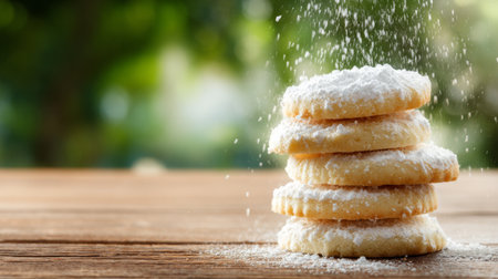 A delectable stack of freshly made cookies dusted with powdered sugar sits on a wooden table, creating a cozy and inviting atmosphere perfect for dessert lovers.の素材