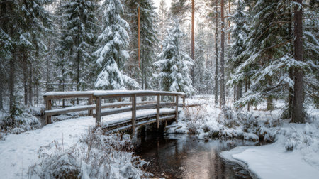 A picturesque winter scene featuring a wooden bridge over a flowing stream, surrounded by snow-covered pine trees under the soft light of dawn.の素材