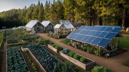 Explore a serene garden scene featuring multiple greenhouses powered by solar panels, emphasizing modern, eco-friendly farming techniques and sustainable practices.の素材