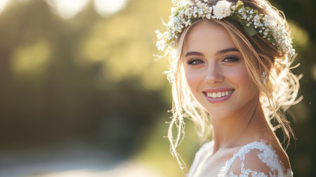 A beautiful bride in her wedding dress, with stunning makeup and a delicate floral crown, radiating happiness and elegance on her special day.の素材