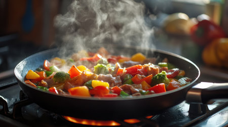 A sizzling hot skillet on a stovetop, filled with colorful vegetables and meat, steam rising into the air, showcasing the art of cooking and the joy of preparing meals.の素材