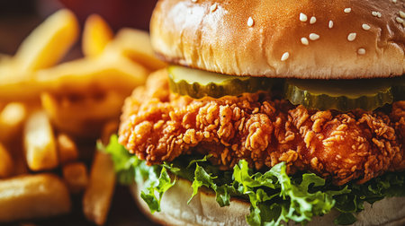 A close-up of a fried chicken sandwich with crispy chicken fillet, lettuce, pickles, and mayo, served on a toasted bun with a side of friesの素材