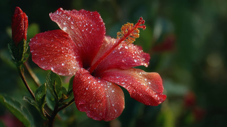 Discover the exquisite beauty of a red hibiscus flower adorned with glistening dew drops, capturing the essence of nature's elegance in a lush garden setting.の素材