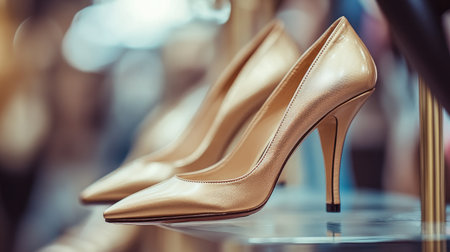 A close-up of trendy high-heeled shoes in a stylish boutique setting, with a focus on the elegant design, shiny leather, and intricate details.の素材