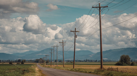 Capture a serene moment along a rural road lined with telephone poles, leading towards majestic mountains under a vibrant sky, perfect for nature lovers and travelers.の素材