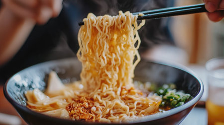 A close-up of a person enjoying a bowl of noodles with chopsticks, highlighting the noodles being lifted from the bowl and the flavorful ingredients.の素材