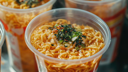 A close-up of instant noodles in a cup, with a focus on the noodles and included toppings, with a background of boiling water and seasoning packets.の素材