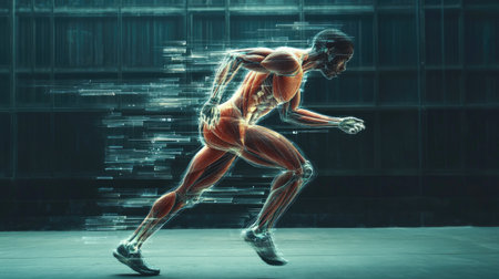A dynamic shot of a person in motion, such as running or stretching, with an overlay of anatomical lines and labels highlighting muscle groups and joints.の素材