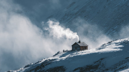 This picturesque image showcases a solitary cabin surrounded by a snowy landscape, with smoke elegantly rising from its chimney, evoking a sense of warmth in a winter wonderland.の素材