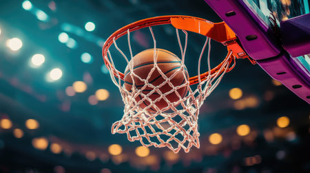 A high-resolution image of a basketball soaring through the hoop, with the net swishing and a vibrant court backdrop, capturing the excitement of the game.の素材