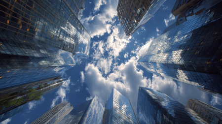 A stunning view looking up at tall modern skyscrapers reflecting a bright blue sky filled with fluffy clouds in a vibrant urban environment.の素材