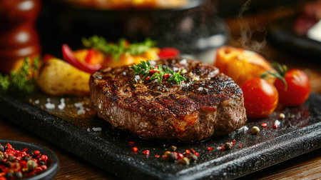 A high-resolution image of a sizzling steak on a hot stone plate, surrounded by colorful side dishes and garnished with herbs and spices, in a stylish restaurant.の素材