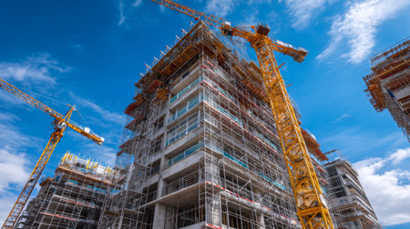 A vibrant construction site showcasing tall buildings with scaffolding and tower cranes. The blue sky highlights the dynamic urban development and modern architecture underway.の素材