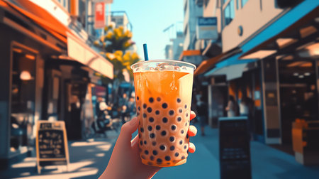 A high-resolution image of a person holding a cup of bubble tea, with the drink texture and pearls clearly visible, and a casual outdoor setting in the background.の素材
