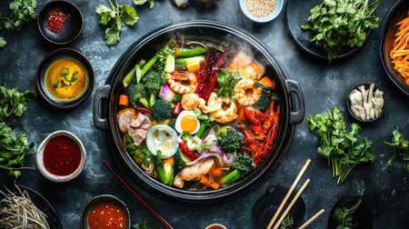 A steaming hot pot filled with vibrant vegetables, seafood, and meat, placed on a table surrounded by dipping sauces, fresh herbs, and chopsticks.の素材