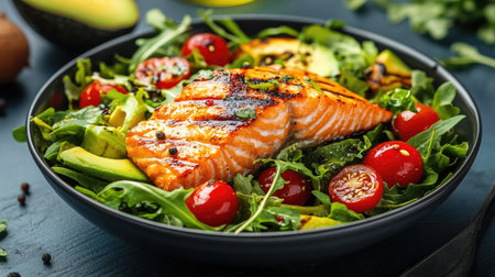 A vibrant image of a salmon salad bowl with mixed greens, avocado, and cherry tomatoes, topped with grilled salmon slices and a light vinaigrette.の素材