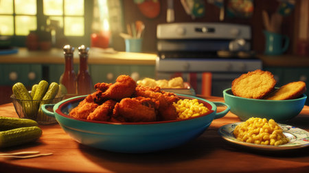 A vibrant image of a family-style dinner table with a large bowl of fried chicken, accompanied by various sides like cornbread, mac and cheese, and pickles.の素材