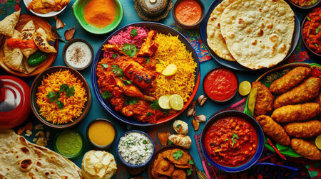 A vibrant spread of traditional Indian dishes, including biryani, naan bread, chicken curry, and samosas, served on a colorful platter with fresh herbs and spices.の素材