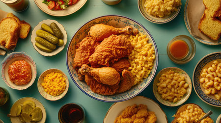A vibrant image of a family-style dinner table with a large bowl of fried chicken, accompanied by various sides like cornbread, mac and cheese, and pickles.の素材
