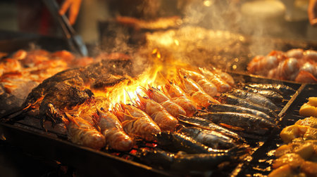 A vibrant image of a beachside seafood grill with a variety of fresh catches, including fish fillets and shellfish, being cooked over an open flame.の素材