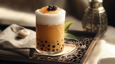 An elegant setup featuring a bubble tea drink with a layer of creamy foam on top, placed on a stylish tray with some decorative elements and a napkin.の素材