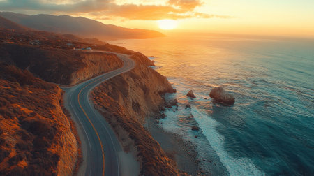 An aerial shot of a stunning coastal road with sweeping ocean views, dramatic cliffs, and the sun setting on the horizon, casting a golden glow.の素材