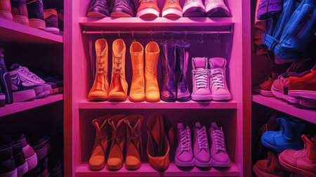 A vibrant image of a woman fashion collection featuring a range of stylish shoes, including boots, heels, and sneakers, displayed in an organized closet.の素材