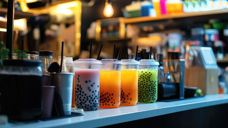A vibrant shot of a bubble tea shop counter with a selection of bubble tea drinks, toppings, and syrups, showcasing a busy and lively cafe atmosphere.の素材
