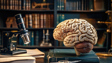 An image of a brain model with various neurological connections highlighted, placed on a desk with educational books and a microscope in the background.の素材
