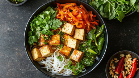 An overhead view of a traditional Thai noodle dish with mixed vegetables, tofu, and a savory sauce, served with a side of fresh herbs and sliced chilies.の素材